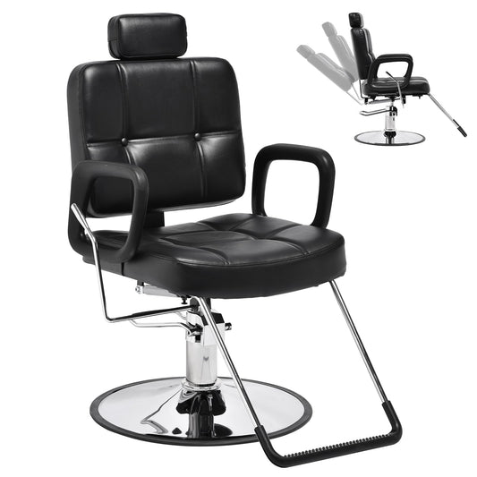 Barber Reclining Chair with Headrest - Heavy Duty Hydraulic Pump Height Adjustable,360°Swivel ,Max Load Weight 440 Lbs,Beauty Salon Spa,Barbershop,Hairdresser Cutting,Styling Stylist,Braiding,Black