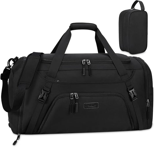 Gym Duffle Bag for Women Men 55L Waterproof Sports Bags Travel Duffel Bags with Shoe Compartment,Wet Pocket Large Weekender Overnight Bag with Toiletry Bag,Black