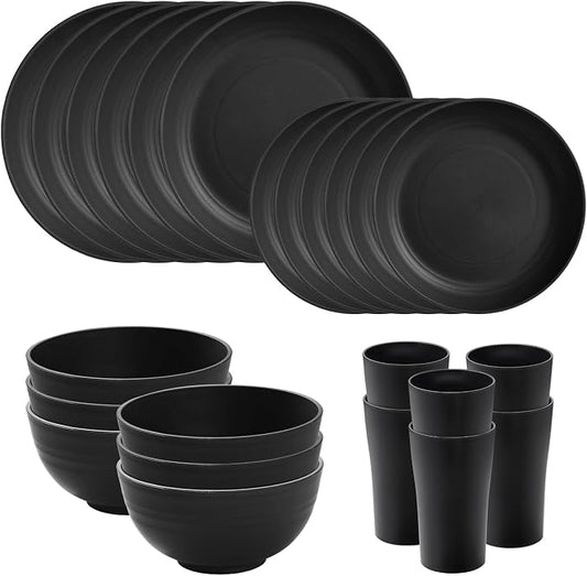 24 Piece Wheat Straw Dinnerware Sets of 6, Kitchen Plates and Bowls Sets, Unbreakable Plastic Dish Set for Camping, Dishwasher Microwave Safe, Kitchen and Dinning Essentials, Black
