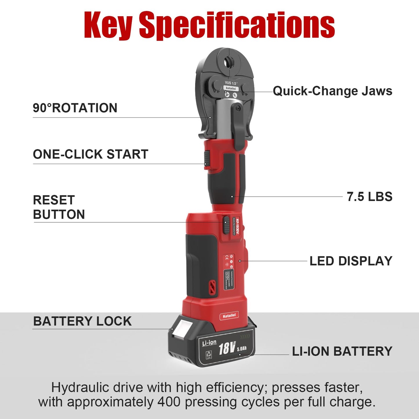 ketailei KF-1930V Cordless Copper Pipe Crimping Tool for Plumbing, 5.0Ah Battery Powered with VUS 1/2" 3/4" 1" 1-1/4" Crimping Dies, 350° Rotatable Head（KF-1930V）