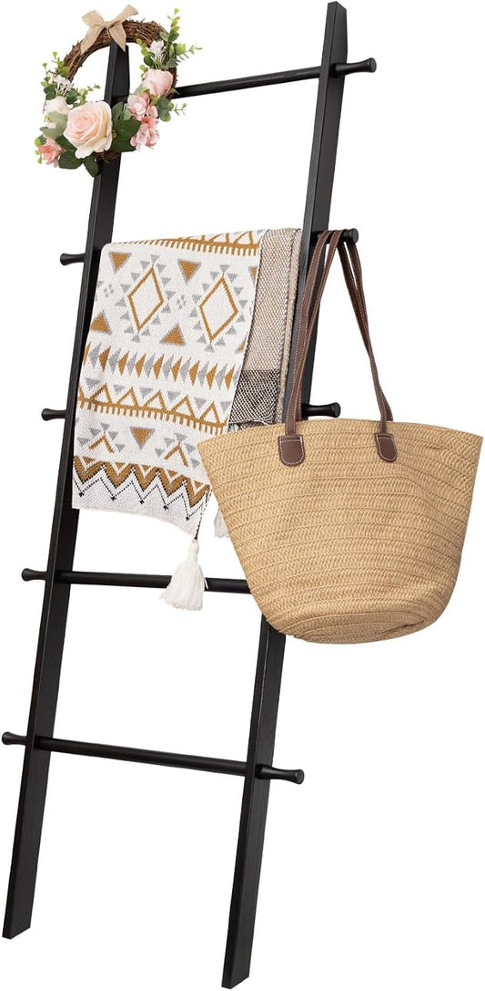 5-Tier Blanket Ladder – 4.8 Ft Wall Leaning Quilt Rack, Farmhouse Blanket Storage for Living Room, Bedroom & Bathroom – Rustic Decorative Wooden Towel & Quilt Holder, Easy to Assemble