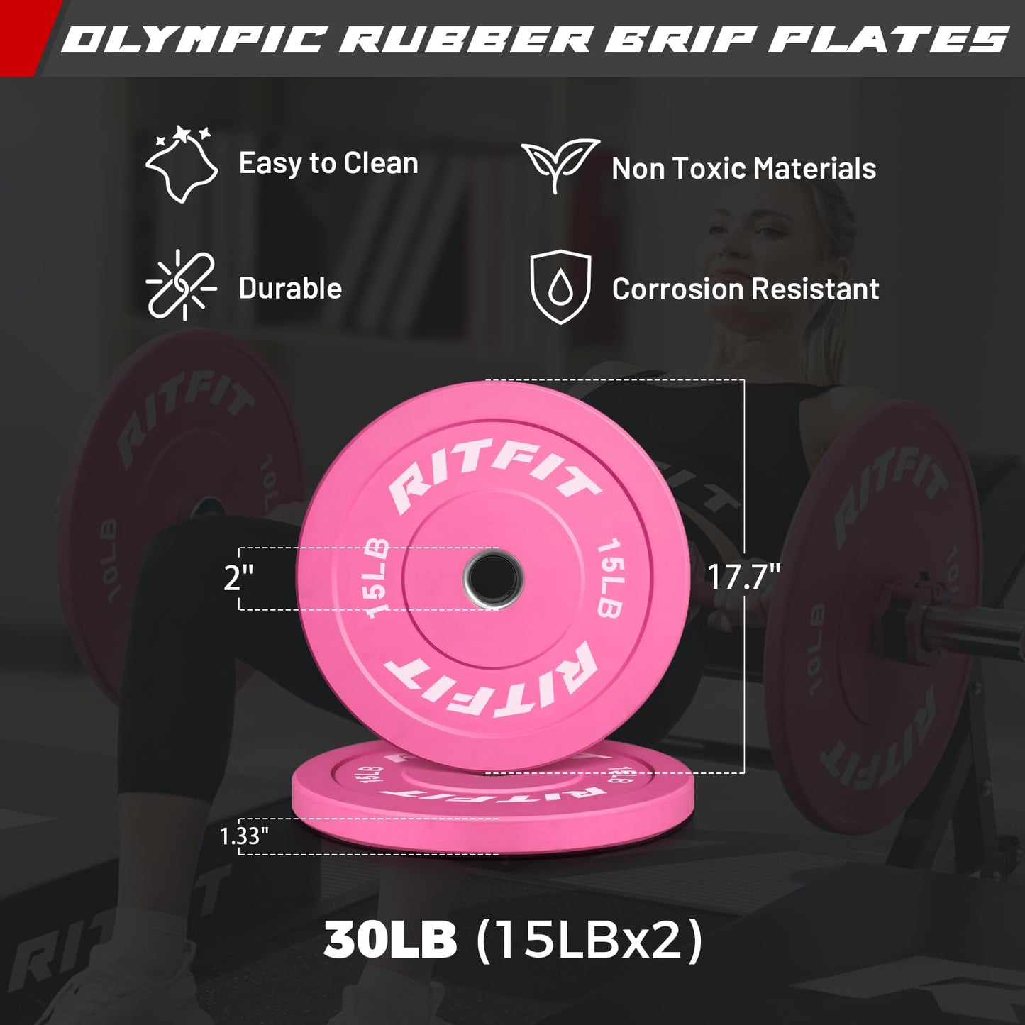 RITFIT Pink Weight Plates, 2 Inch Olympic Barbell Weight Plate, Bumper Plates With Steel Insert, Pink Weights for Gym and Home， 30LB SET