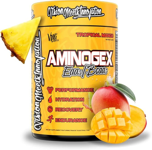 Aminogex Ultra | BCAA Powder | Amino Acids + Betaine and Glutamine | Amino Acid Post Workout Recovery Drink | Intra Workout Drink with Electrolytes | (30 Servings) (Tropical Mango, 18.2 ounces)
