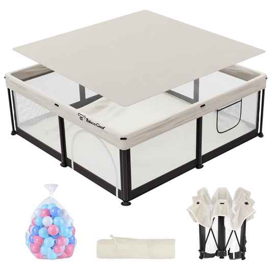 Semoprus Baby Playpen, Portable Indoor Outdoor Play Area with Balls, Beige, 50x50x27 Inch, Quick Fold Design, Mesh Safety Panels, for 0-36 Months