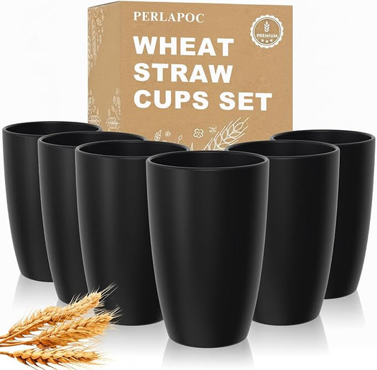 Wheat Straw Large Cup Set of 6, Unbreakable 20 OZ Tumbler, Alternative to Plastic Reusable Cups for Kitchen & Outdoor, Stackable Drinking Glasses, Dishwasher Safe Cup Set, Black