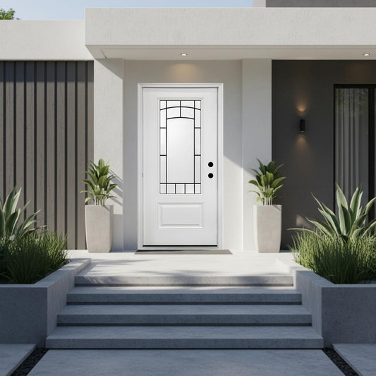 36‘’ x 80‘’ White Fiberglass Entry Door with Frosted Glass, Front Door with White Vinyl Frame and Brickmould, Left Inswing Exterior Door for Residential Entrance