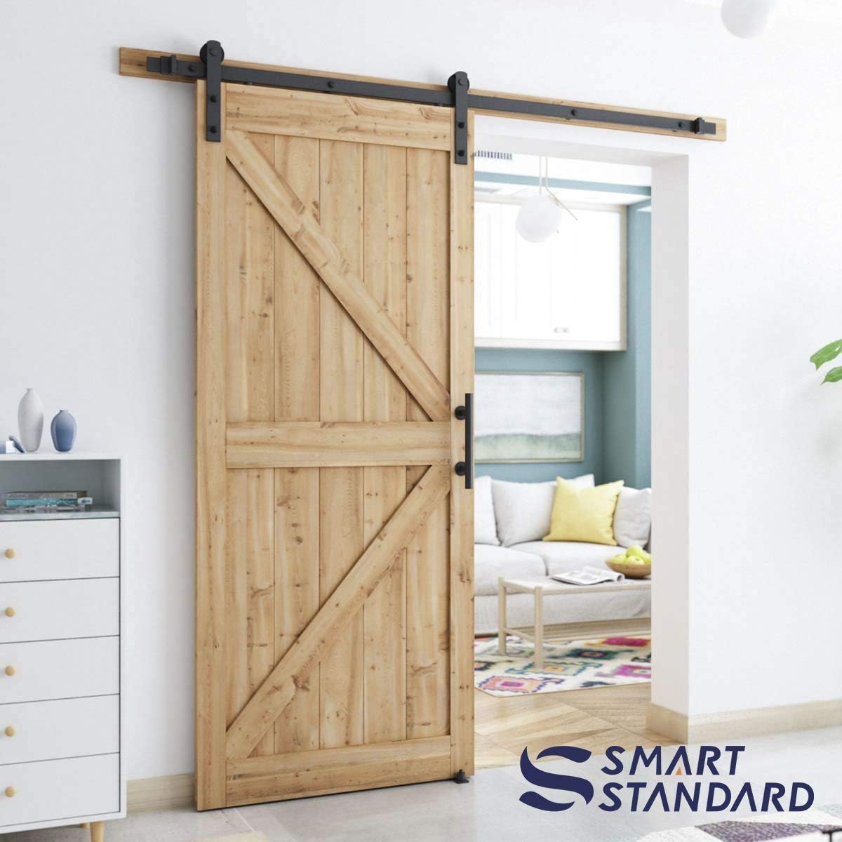 SMARTSTANDARD 6.8 FT Heavy Duty Sturdy Sliding Barn Door Hardware Kit, Black, (Whole Set Includes 1x Pull Handle Set & 1x Floor Guide) Fit 36"-40" Wide Door Panel (I Shape Hanger)