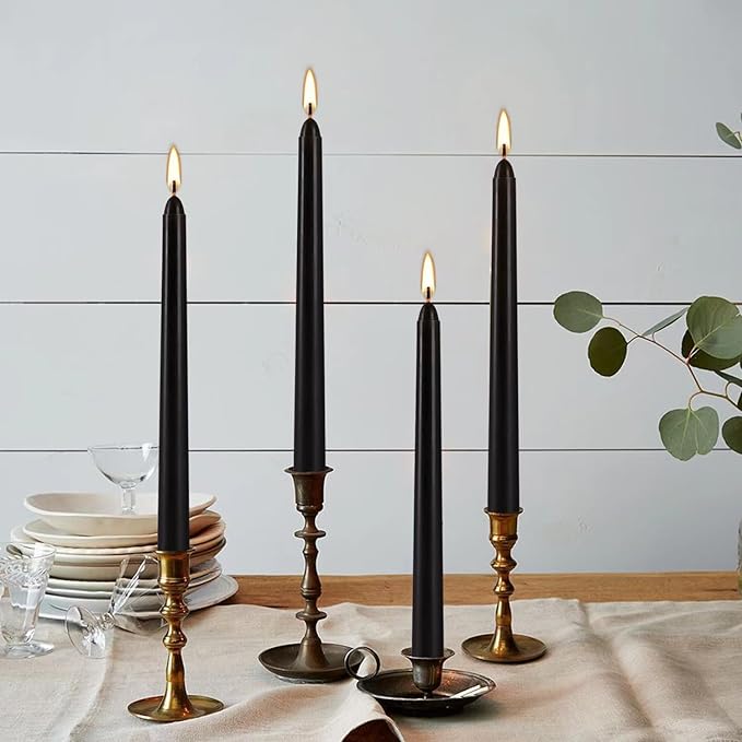 24 Pack Black Taper Candles, 7-8 Hours Burn Time, Unscented, Smokeless and Dripless, 0.75 x 10 Inch Dinner Candle Set for Halloween, Household, Wedding, Party and Home Décor Candlesticks
