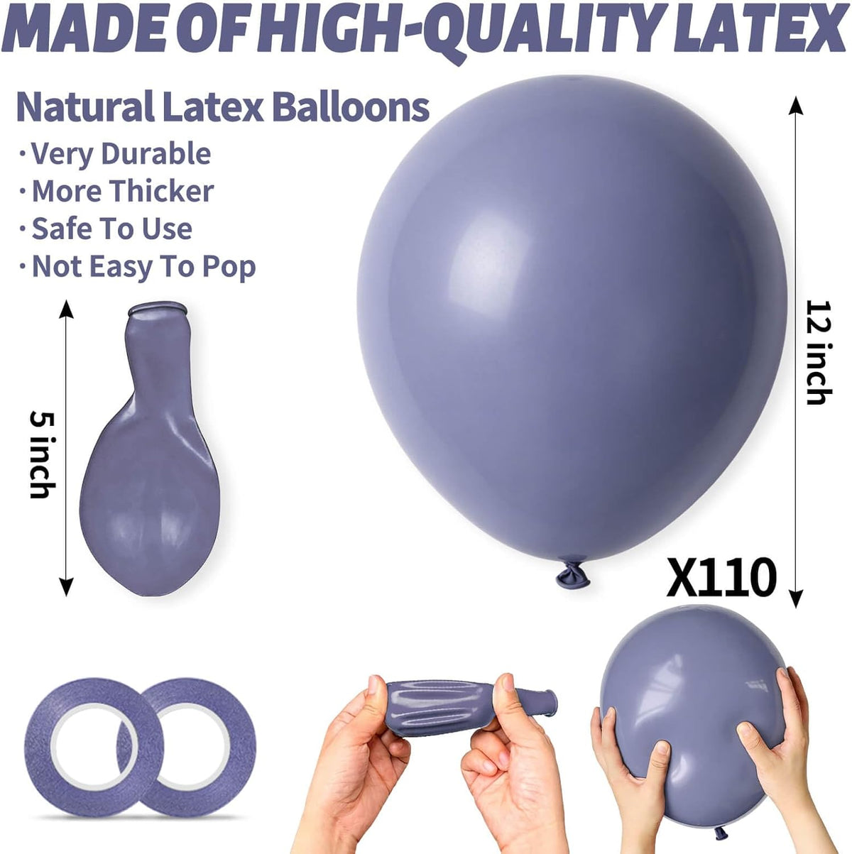 Skiennix Dusty Blue Balloons - 12 Inch Latex Balloons for Birthday Party & Baby Shower | 110pcs with Ribbons