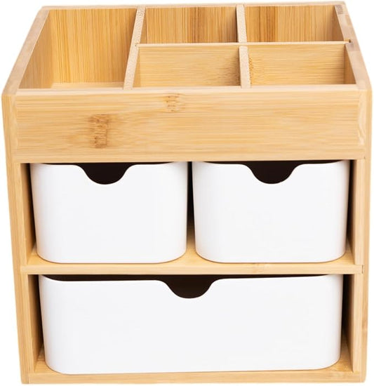 Bamboo Makeup Organizer with 3 Drawers, Dresser Cosmetic Organizer Box,Bamboo Desk Organizer for Home with Adjustable Dividers