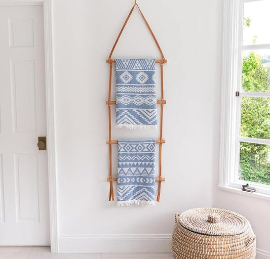 Decorative Wooden Wall Hanging Ladder with Leather Straps – Rustic Towel and Blanket Rack for Bathroom, Living Room, or Entryway Display