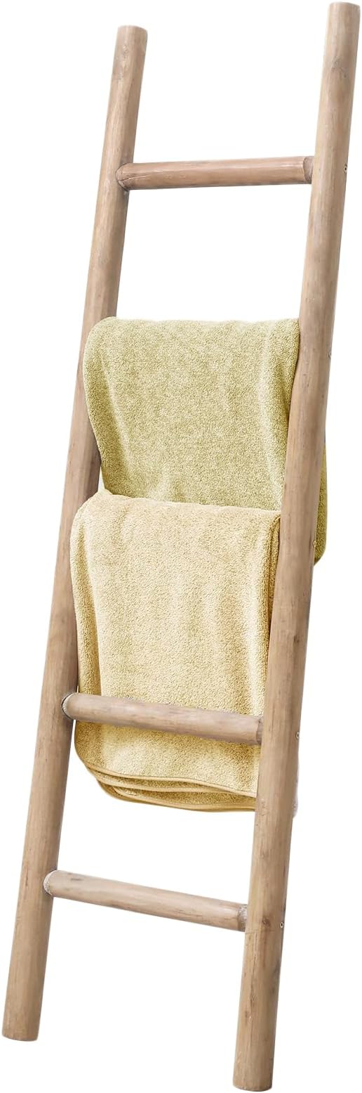 Wooden Blanket Ladder - 57in Natural Wood Color- Leaning Wall Decor for Bedroom, Bathroom, Living Room - Rustic Quilt Holder (Natural Wood Color, 57in | Knock Down)