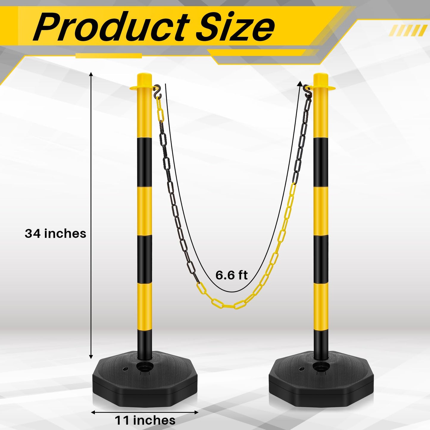 Konohan 18 Sets 34 Inch Parking Cone Delineators Post Traffic Cone Plastic Stanchion Set Stands Parking Barrier with Base 6.6 ft Chain S Hooks Reflective Collar (Yellow,Black)
