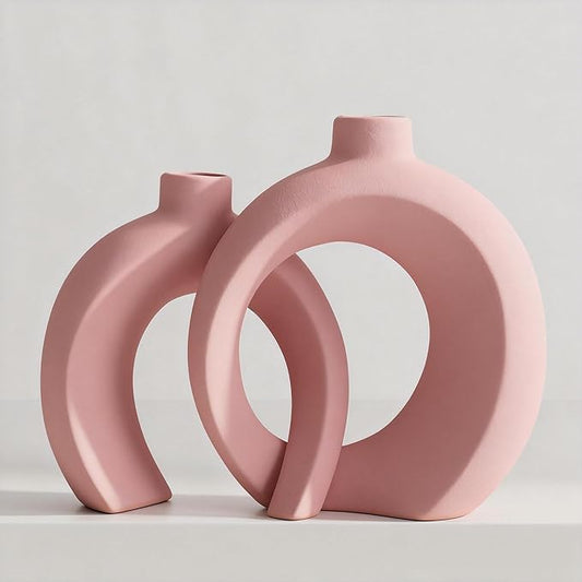 Set of 2 Pink Ceramic Vases for Home Decor Accents - Unique Hollow Donut Artistic Design Coquette Feminine Style Decorative Vases for Shelf, Mantel, Entryway Table Decor (Matte Pink)
