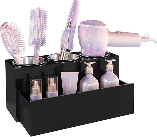 Hair Tool Organizer, Removable Blow Dryer Holder for Bathroom, Hot Tools Organizer For Hair Dryer, Blow Dryer, Curling Iron, Hair Straightener, Bathroom Countertop Organizer, Glossy Black