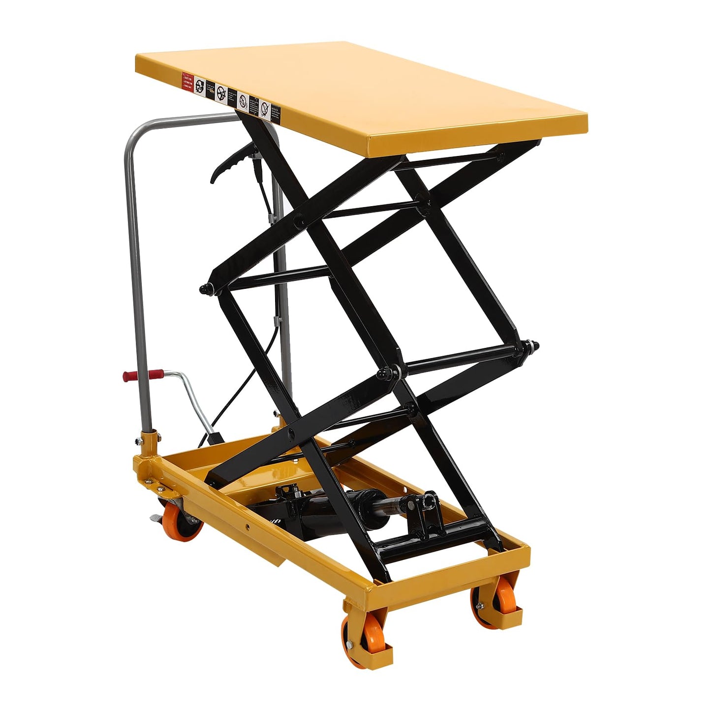 Hydraulic Lift Table Cart, 330lbs Capacity 45" Lifting Height, Double Scissor Lift Table w/ 4 Wheels and Foot Pump, Elevating Hydraulic Cart for Material Handling and Transportation, Yellow