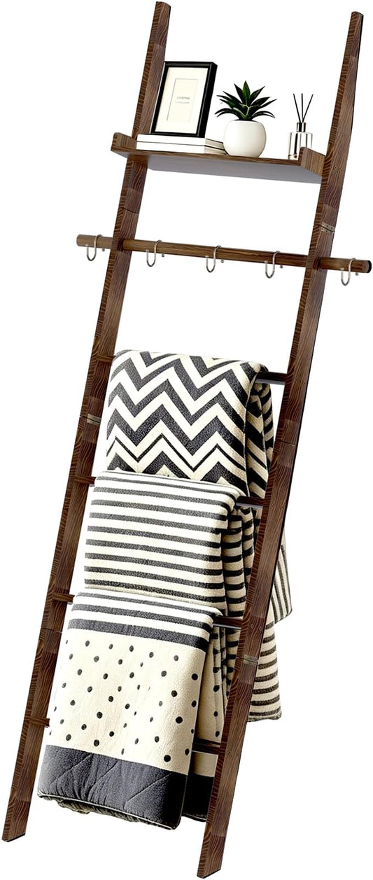 Farmhouse Wooden Blanket Ladder with Shelf,6-Tier Rustic Quilt Towel Rack Decorative Holder Wall Leaning Storage with Removable Hooks for Home Living Room Bedroom Decor Brown