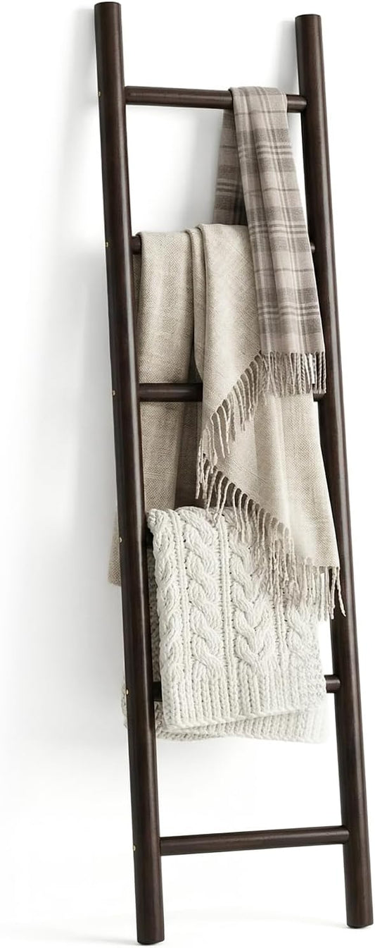 Wooden Blanket Ladder - 76in Natural Wood Color- Leaning Wall Decor for Bedroom, Bathroom, Living Room - Rustic Quilt Holder (Dark Walnut, 76in | Knock Down)