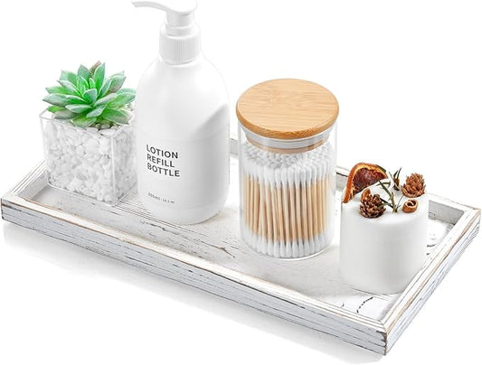 ALELION 11.7" White Bathroom Vanity Tray for Counter - Decorative Tray for Toilet Tank Makeup Perfume Jewelry Catchall Coffee Table - Wooden Kitchen Countertop Organizer for Soap Dispenser