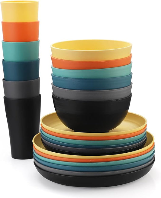 Wheat Straw Dinnerware Sets - SANLUNS 24 Piece Unbreakable Dinnerware Sets, Reusable Wheat Straw Plates and Bowls Sets, Travel Camping Cutlery Set, Dishwasher Microwave Safe Dinnerware Colourful