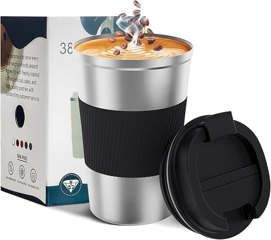 YINBAOGE Insulated Travel Coffee Mug, Spill & Leak Proof, Portable To Go Camping Stainless Steel Coffee Tumbler, Reusable Thermal Coffee Cup with Lid for Hot & Cold Drinks(Silver black, 12 OZ)
