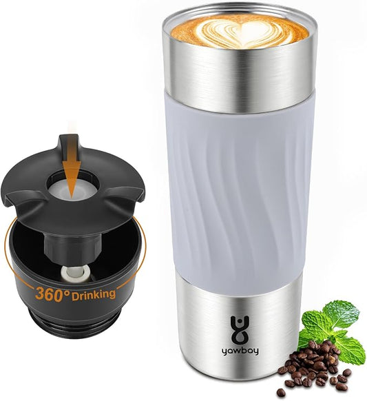 Travel Coffee Mug with 360°Lid, Travel Coffee Tumbler 16 oz Leak Proof, Stainless Steel Insulated Travel Mugs for Hot and Cold Spill Proof Leak Proof(Grey)