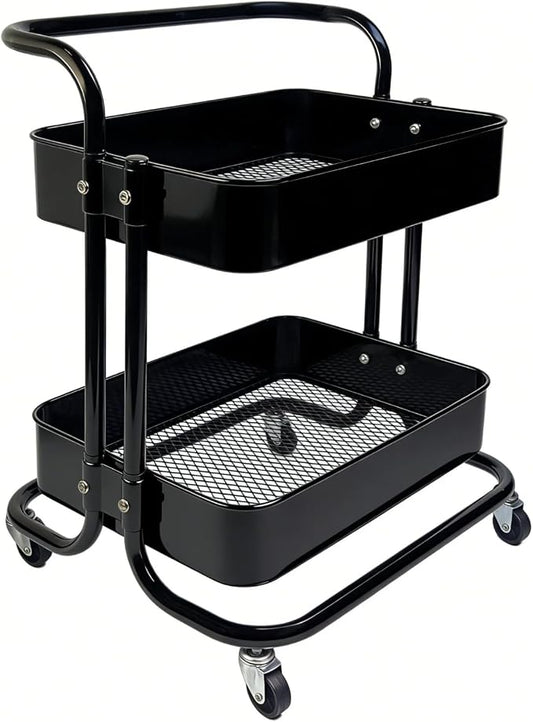 2 Tier Rolling Utility Cart with Wheels All-Metal Short Pantry Cart Under Desk Storage Trolley with Handle, Small Rolling Storage Shelf for Small Space Kitchen Laundry Room Bathroom, Black