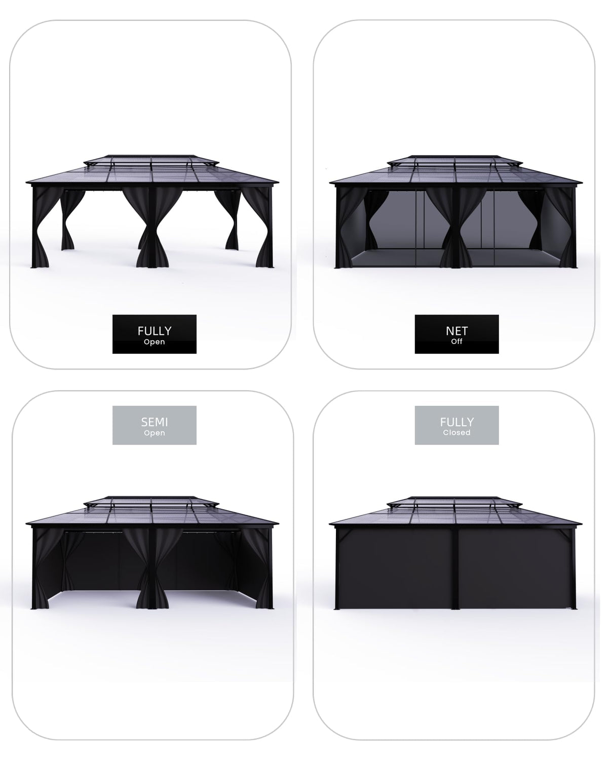 12'X20' Hardtop Gazebo, All-Weather Aluminum Frame Outdoor Canopy with Double Polycarbonate Roof, Permanent Outdoor Gazebo with Netting & Curtains for Garden, Lawns, Patio, Grey.