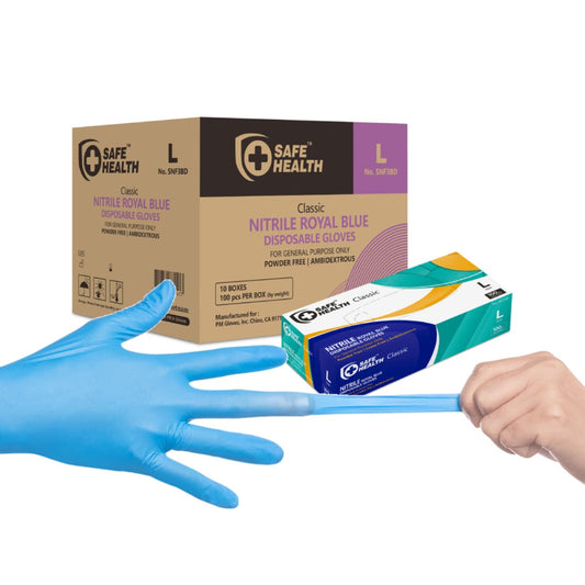 Safe Health Nitrile Disposable Gloves, Latex Free, Powder Free, Blue, Case of 1000, Large, Textured, 3.5 mil, Industrial, Food, Janitorial, Tattoo, Law Enforcement, Pet Care, Servoce, Cleaning