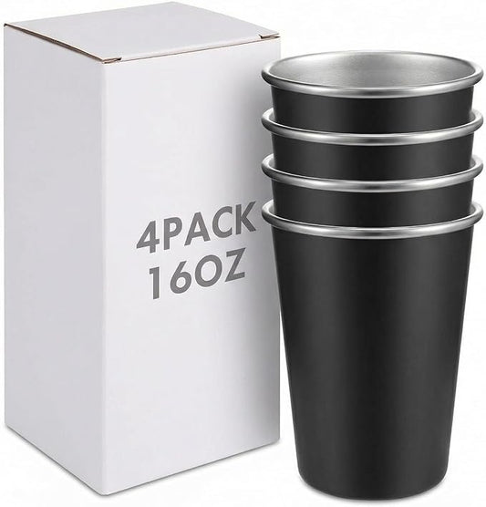 Mimorou 4 Pack 16 oz Stainless Steel Pint Cups Metal Cups Unbreakable Drinking Water Tumblers Stackable Tumbler for Adults Bar Home Restaurant Travel Picnic Camping Outdoor (Black)