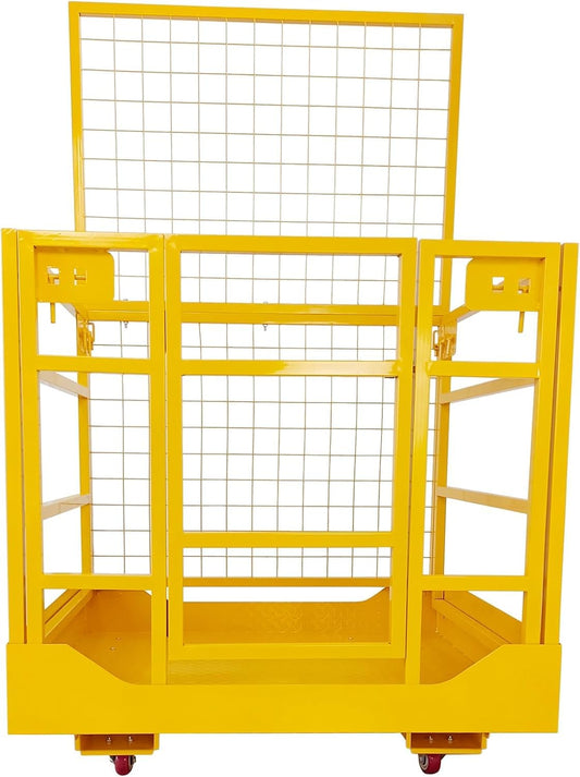 43"x45" Forklift Platform Safety Cage,Work Platform for Loader,Man Basket for Forklift,1800lbs Capacity with Safety Harness & Lock,2-Man Collapsible Lift Basket for Lifting Loader (Yellow W/Wheels)