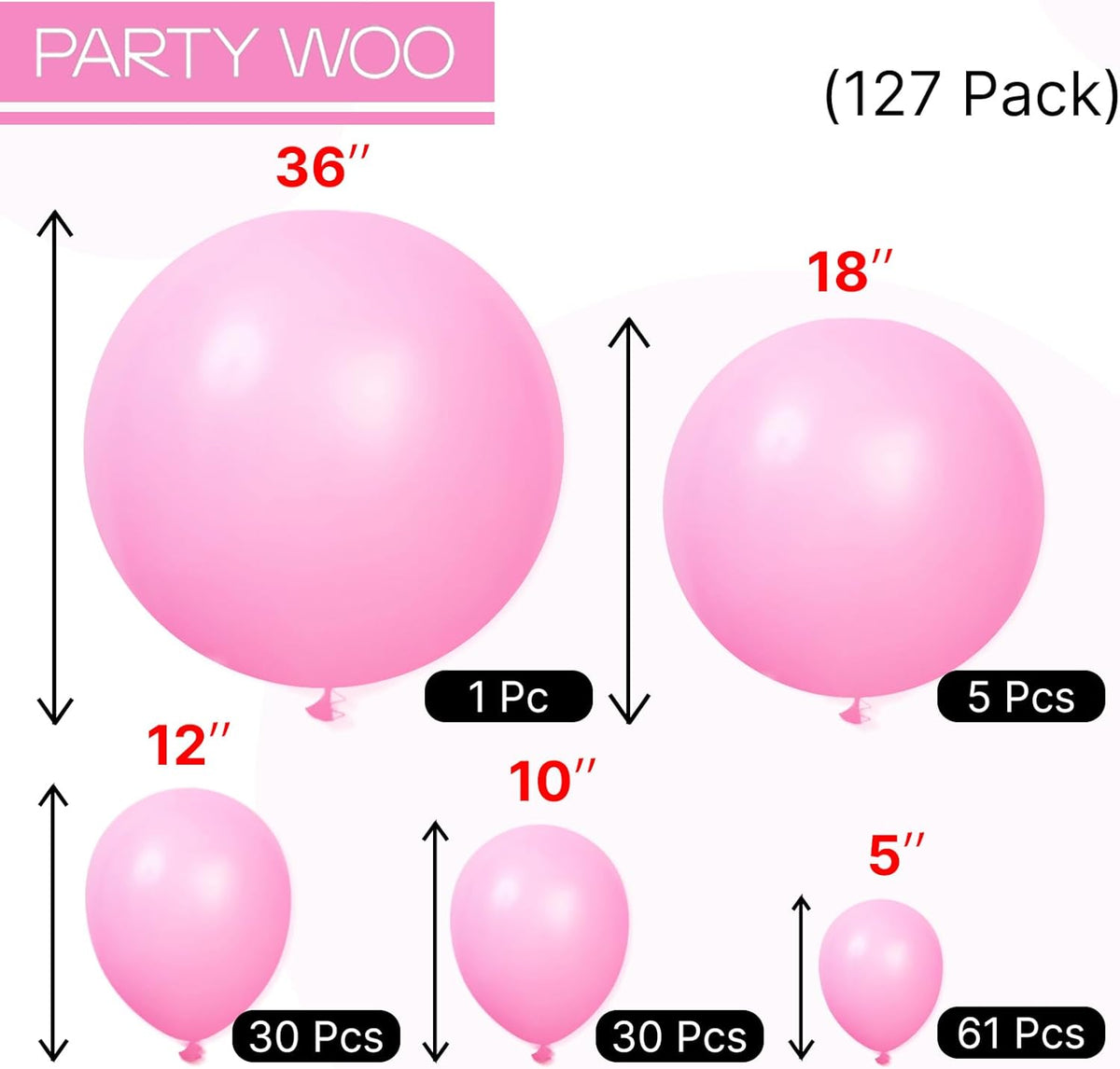 PartyWoo Pink Balloon Arch Kit - 127pcs Matte Pink Balloons in Various Sizes for Baby Showers & Parties