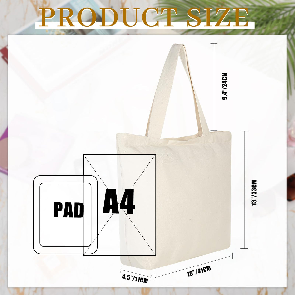 Epakh Canvas Tote Bag with Zipper - Bulk Reusable Large Blank Cotton Grocery Shopping Tote for Women Men DIY Crafting(16.5 x 3.9 x 13.4 Inch,Beige,8 Pack)
