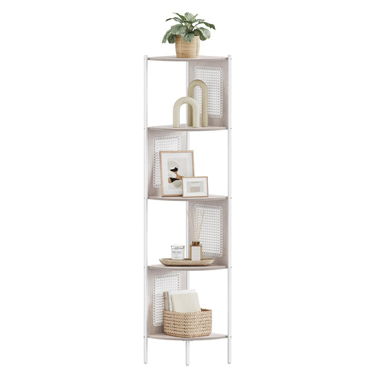 VASAGLE 5-Tier Corner Shelf Stand, Boho Corner Bookshelf with Polyrattan Sides, Plant Stand for Living Room Bedroom Study Kitchen, Oatmeal Beige ULLS588K66