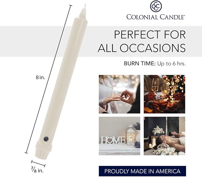 Colonial Candle Unscented Taper Candle, Classic Collection, Wedgewood, 8 in, Pack of 12 - Up to 6 Hours Burn
