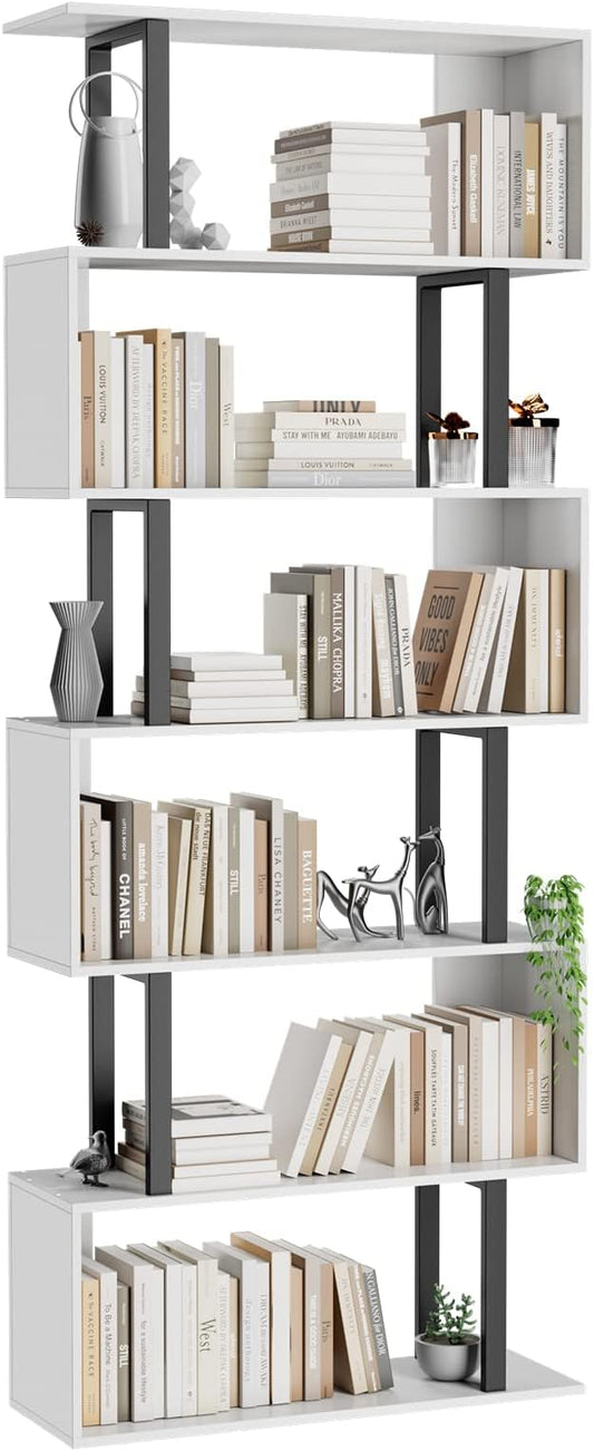Gadroad 6 Tier Geometric Bookcase,S Shaped Bookshelf, Wood Decorative Storage Shelving, Modern Freestanding Display Shelves, Tall Book Shelf Unit for Living Room Bedroom, White