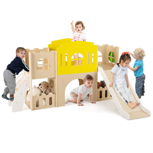 Costzon Wooden Toddler Slide, 7-in-1 Climber Playset with Slide, Basketball Hoop, Extra-Long Aisle, Peek-a-Boo Window, Crawling Tunnel & Storage Space, Indoor Outdoor Playground Slide for Kids