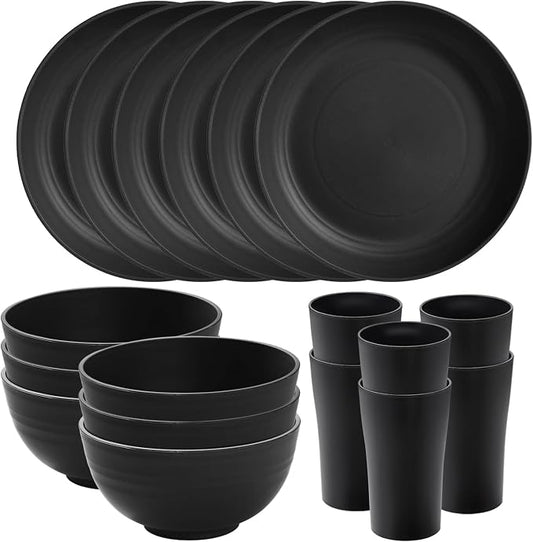 18 Piece Wheat Straw Dinnerware Sets - Kitchen Plates and Bowls Set SANLUNS Unbreakable Reusable Dinnerware Set Dishes set Dishwasher and Microwave Safe Plates Black