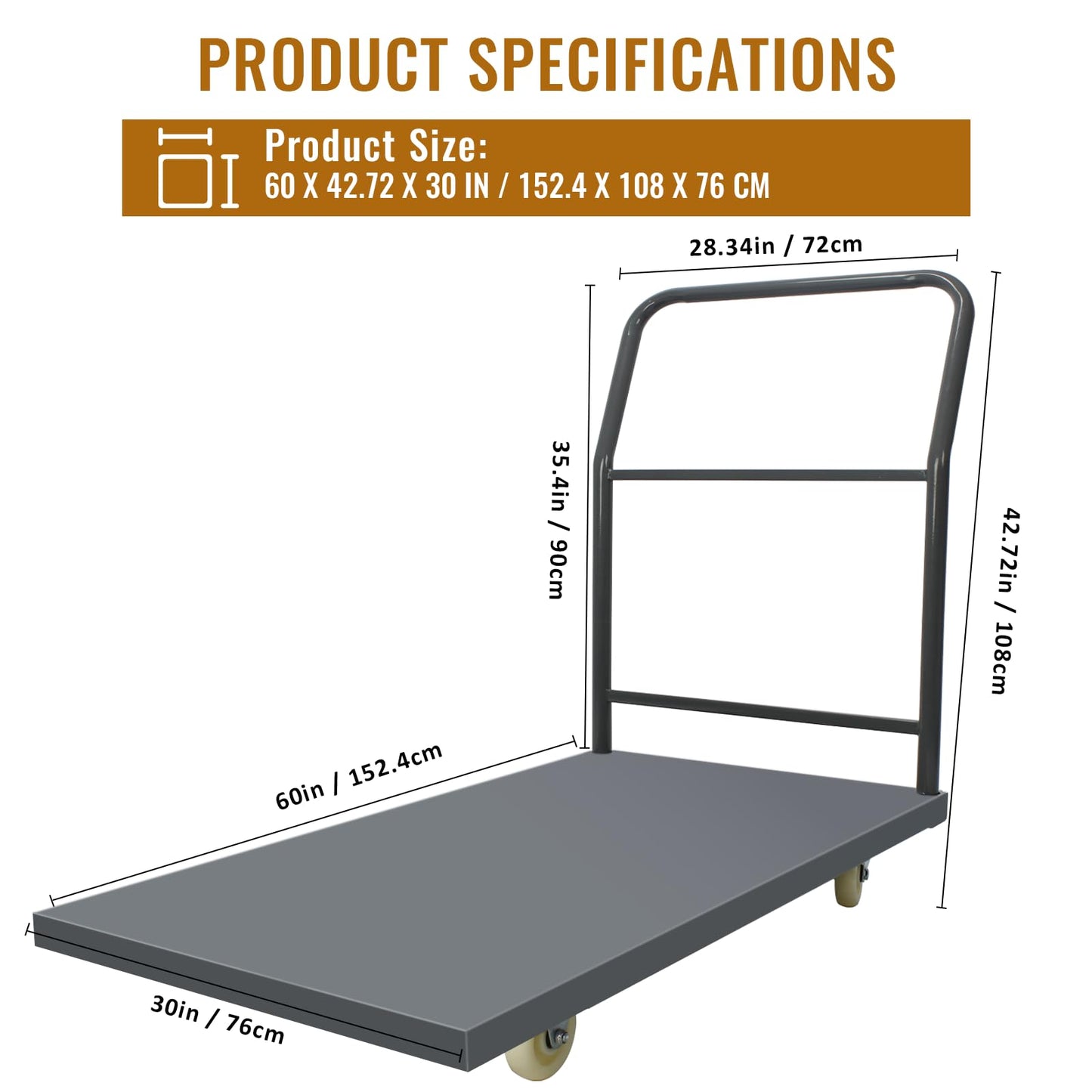 30"x60" Heavy Duty Flatbed Platform Cart 2000 lbs, Steel Rolling Platform Truck with Removable Handle and Swivel Wheels, Industrial Flat Dolly Cart for Warehouse, Office, Luggage Transport