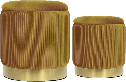 YYW HOME Round Ottoman with Storage Set of 2 Velvet Yellow Foot Stool for Living Room or Dorm, Vanity Stool Chair for Bedroom Small Ottoman Coffee Table, Removable Lid, Hallway, Assembly Free