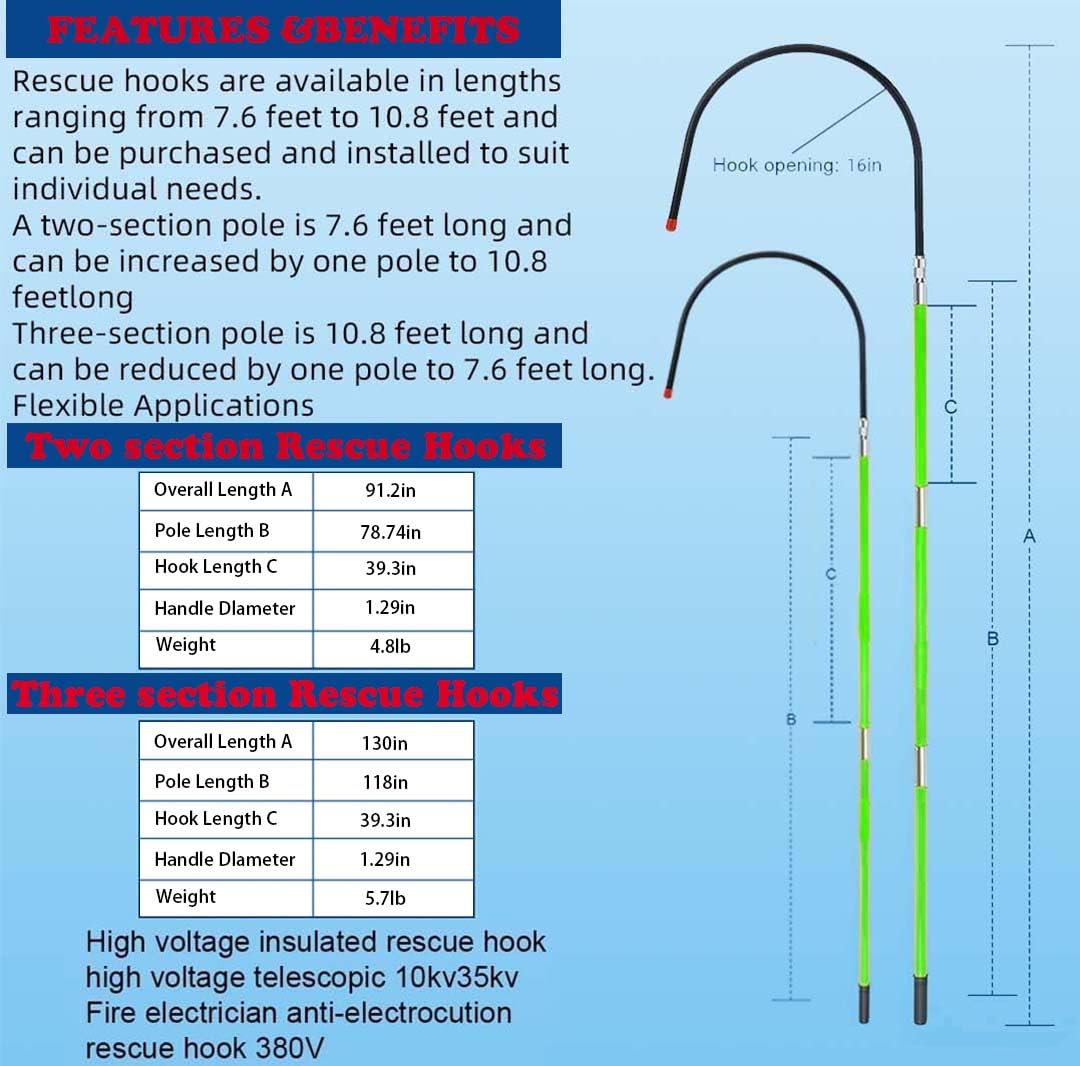 10.8 Feet Rescue Hook, High Voltage Insulated Rescue Hook high Voltage Telescopic 10kv35kv, Fire Electrician Anti-electrocution Rescue Hook 380V, Rescue Hook,18 inch Opening (Green10.8 Feet)