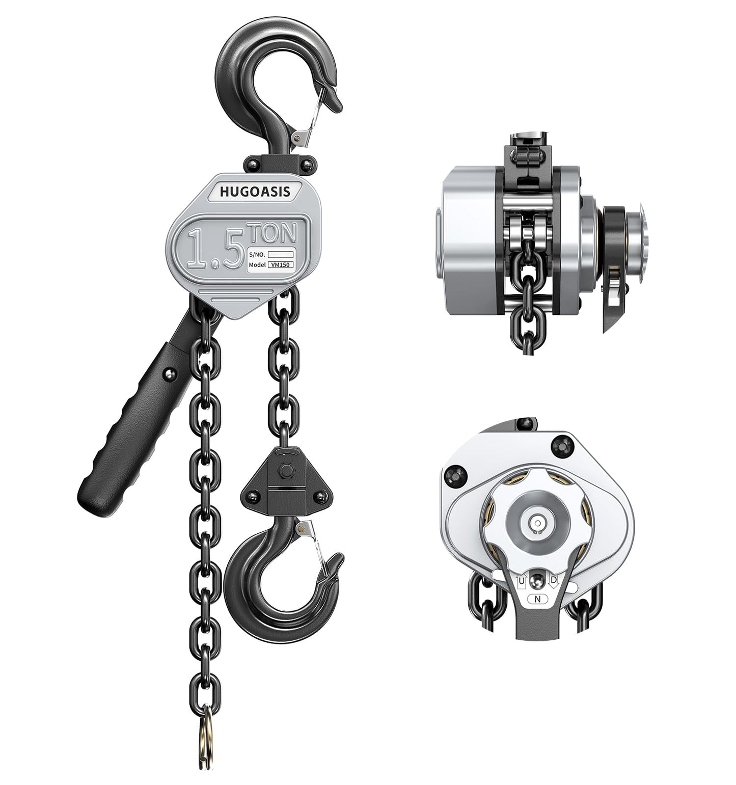 HUGOASIS Mini Lever Hoist 1-1/2 TON 3300 LBS Capacity 10FT Lift, Portable Aluminum Ratchet Chain Hoist with G80 Alloy Steel Chain, Dual Brake Hand Chain Puller for Lifting & Pulling,Silver