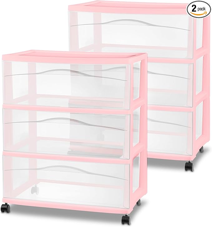 Sterilite 2 Pack Wide 3 Drawer Storage Cart, Rolling Organization, Pink | Clear Plastic Organizer Drawers with Wheels for Craft Supplies, Bath Essentials, or Home Accessories