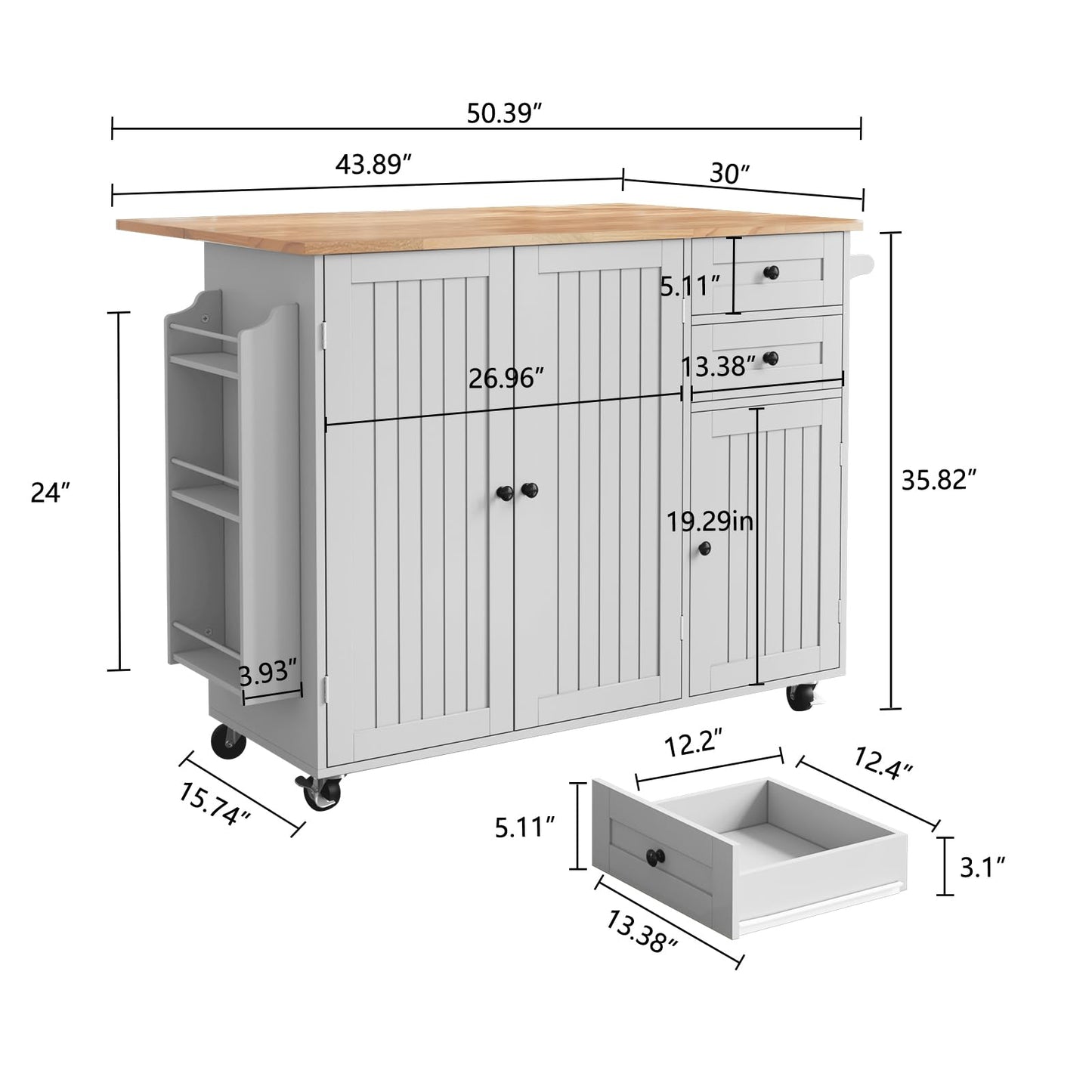 HLR Kitchen Island with Storage, Grey Rolling Kitchen Island on Wheels with Drop-Leaf Bar Countertop, Prep Table with Side Open Spice Rack and Tower Rack, Home Bar Carts with Storage