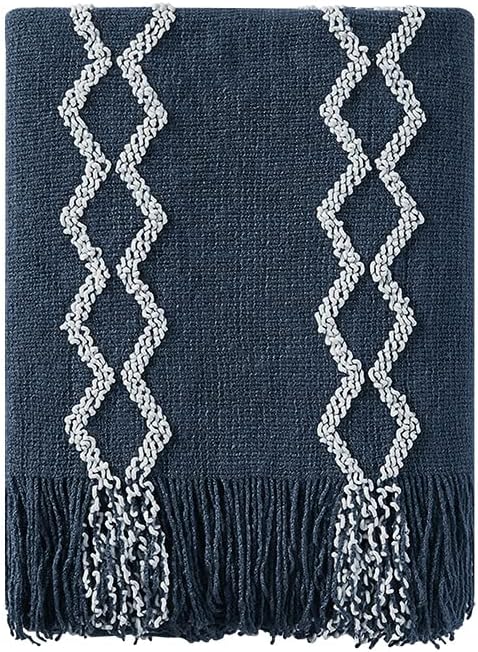 BOURINA Fluffy Chenille Knitted Fringe Throw Blanket Lightweight Soft Cozy for Bed Sofa Chair Throw Blankets, Navy 50" x 60"