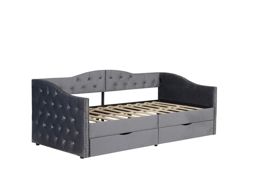 Bellemave Twin Upholstered daybed with 2 Drawers and USB Charging, Velvet Tufted Sofa Bed Twin Size, daybed with Trundle for Adults, Kids, Girls, Teens, for Living Room, Grey