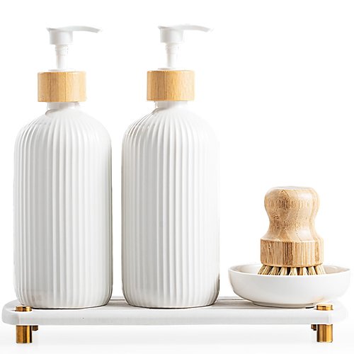 Getstar Hand and Dish Soap Dispenser Set, Ceramic Soap Dispenser for Bathroom and Kitchen with Rust Proof Pump and Tray, Set of 2 (White Pump&Body w/Brush)