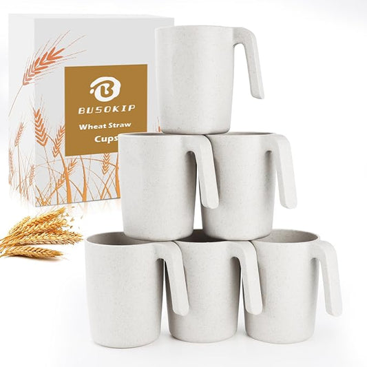 Wheat Straw Cups 16 OZ, Unbreakable Coffee Mugs Set of 6, Alternatives to Plastic Drinking Cups Reusable, Dishwasher Safe Coffee Cups for Kitchen, Camping, Farmhouse - White