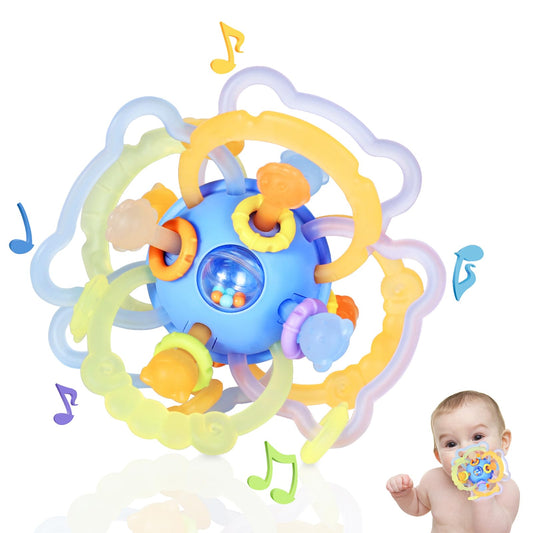 Baby Sensory Teething Toys, Baby Montessori Teether Toys for 0 3 6 9 12 18 Months, Silicone Tummy Time Toy with Rattle Ball for Newborn Infant, Learning Delopmental Gift for Boys Girls, Blue