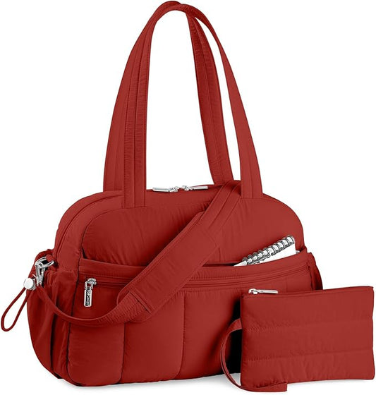 TOPDesign Travel Duffel Bag for Women, Puffer Gym Bag Sports Tote with Wet Pocket, Carry On Weekender with Luggage Sleeve (Maroon)
